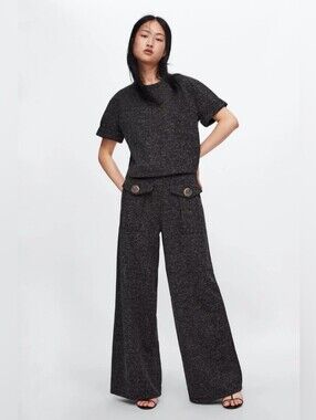 ZARA Basic Knit Wide Leg Lounge Set Gray Speckled Matching Set
